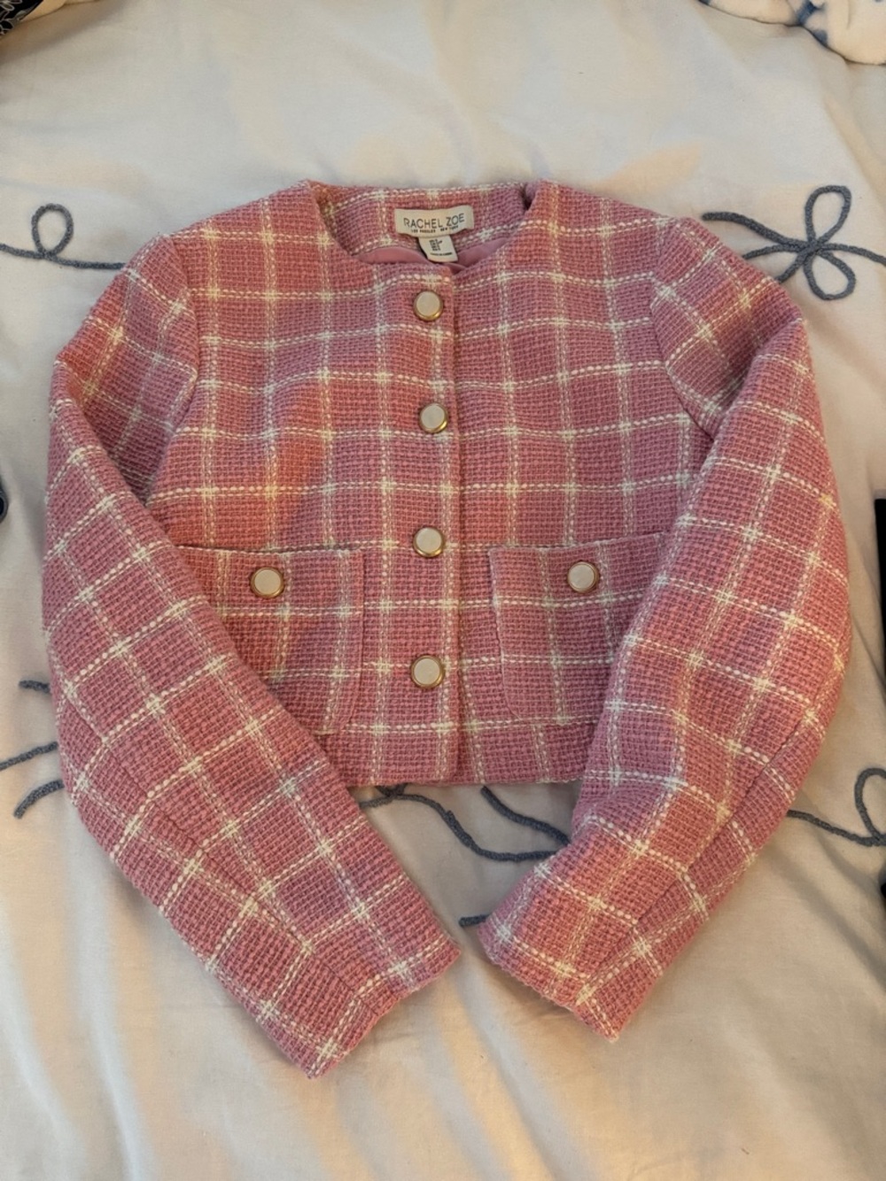 Rachel Zoe Pink Plaid Tweed Cropped Jacket with Gold Buttons